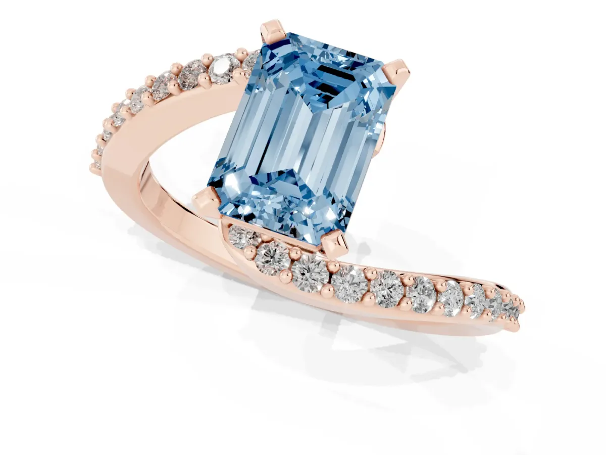 Fancy Blue Emerald Cut Solitaire Twist Band with Pave Set Diamonds and Four-Prong Setting Rose gold