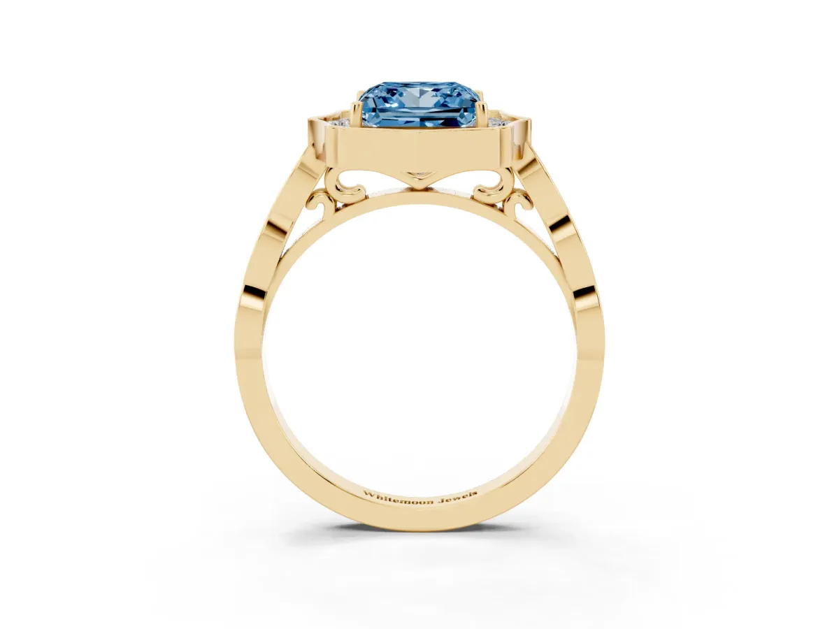 Fancy Blue Princess Cut Halo Diamond Engagement Ring with Milgrain Band and Four-Prong Setting Yellow gold