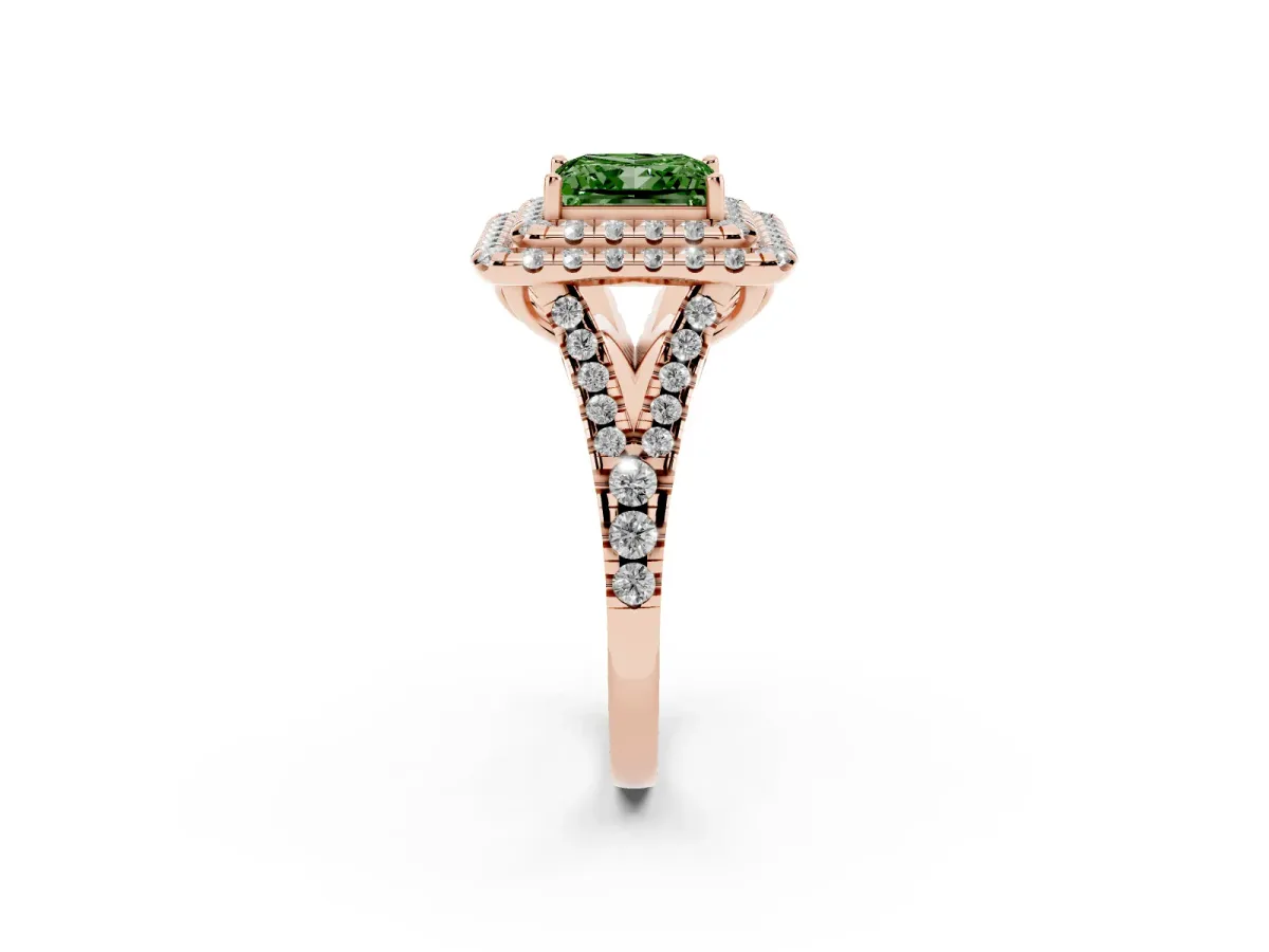 Fancy Green Double Halo Princess Cut Diamond Pavé Split Shank Ring with Prong Setting Rose gold
