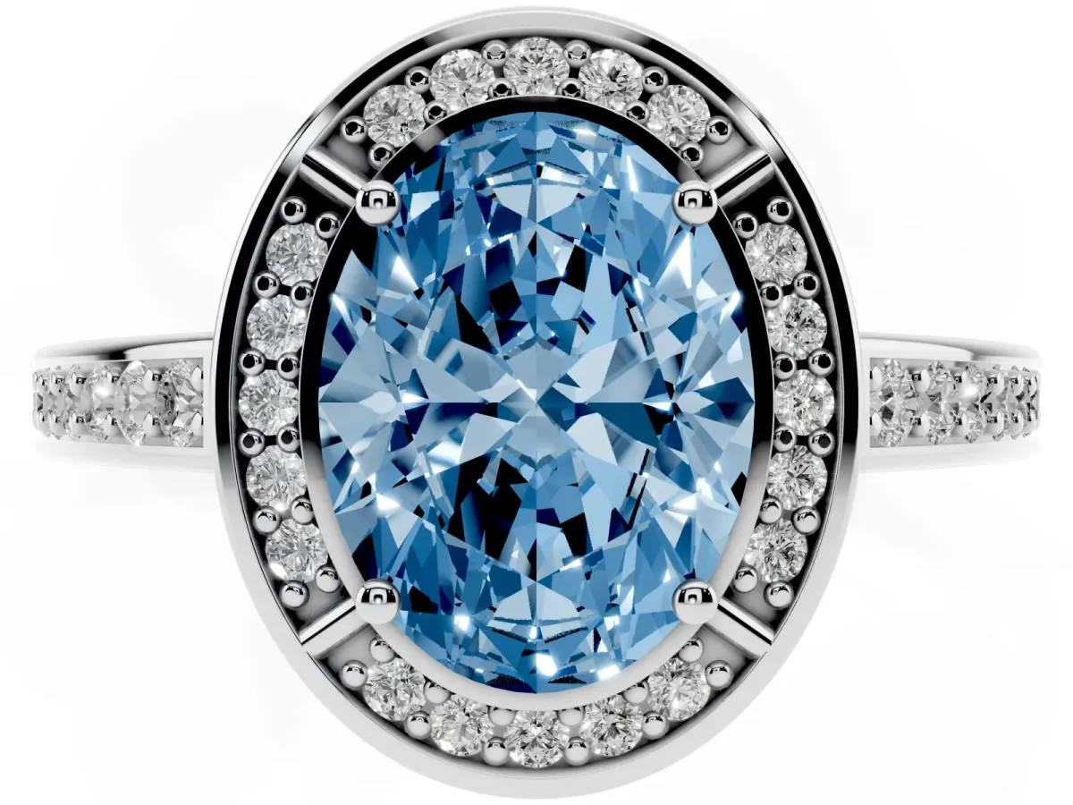 Fancy Blue Oval Cut Cut Halo Pave Split Shank Prong Setting Ring Silver