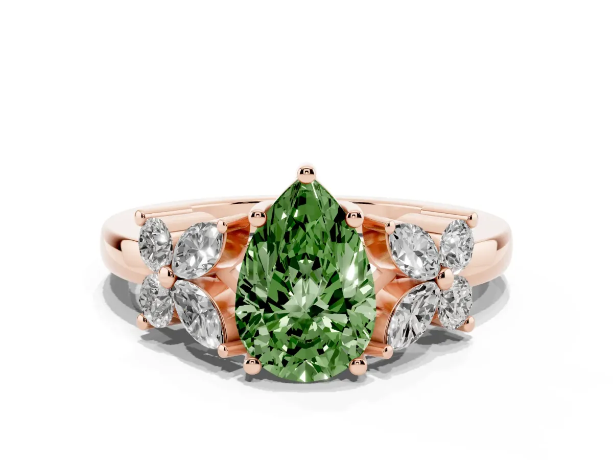 Fancy Green Pear Cut Diamond Floral Cluster Ring with Solitaire Band and Prong Setting Rose gold