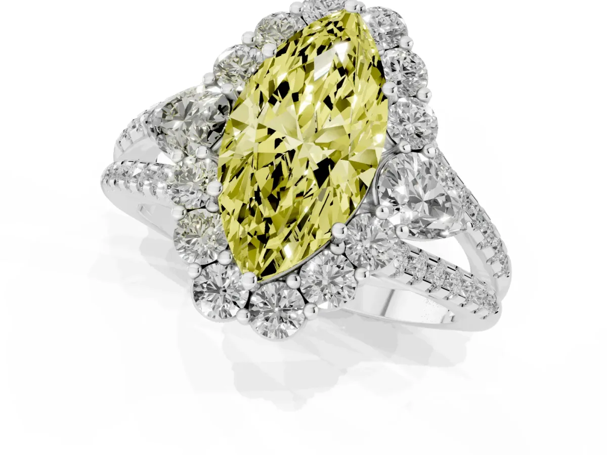 Fancy Yellow Marquise Cut Halo Split Shank Diamond Engagement Ring with Prong Setting Silver