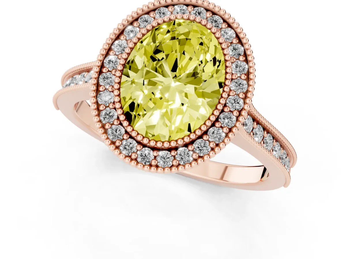 Fancy Yellow Halo Oval Cut-Cut Diamond Pave Band Milgrain Prong Setting Ring Rose gold