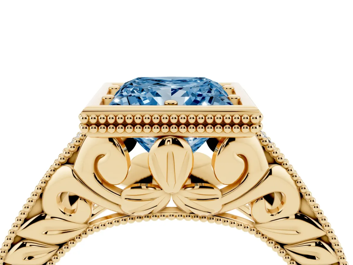 Fancy Blue Bezel Set Princess Cut Diamond Milgrain Pave Engagement Ring Yellow gold
