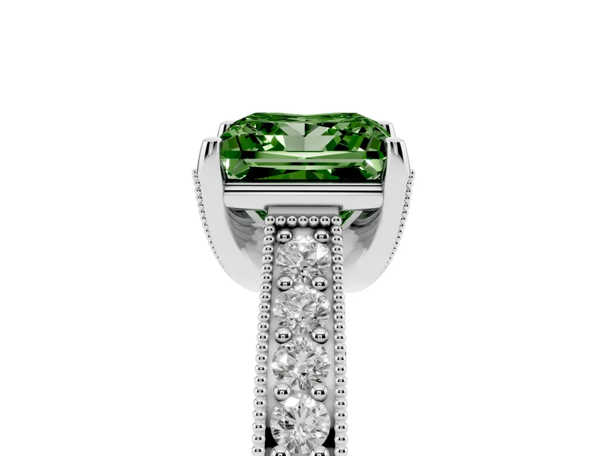 Fancy Green Princess Cut Cut Diamond Solitaire Ring with Milgrain Pave Band and Four Prong Setting Silver