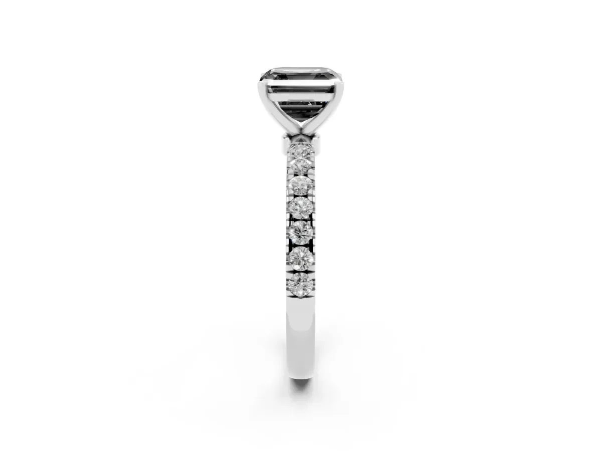 Fancy Black Asscher Cut Diamond Solitaire Ring with Pavé Accents and Four-Prong Setting Silver