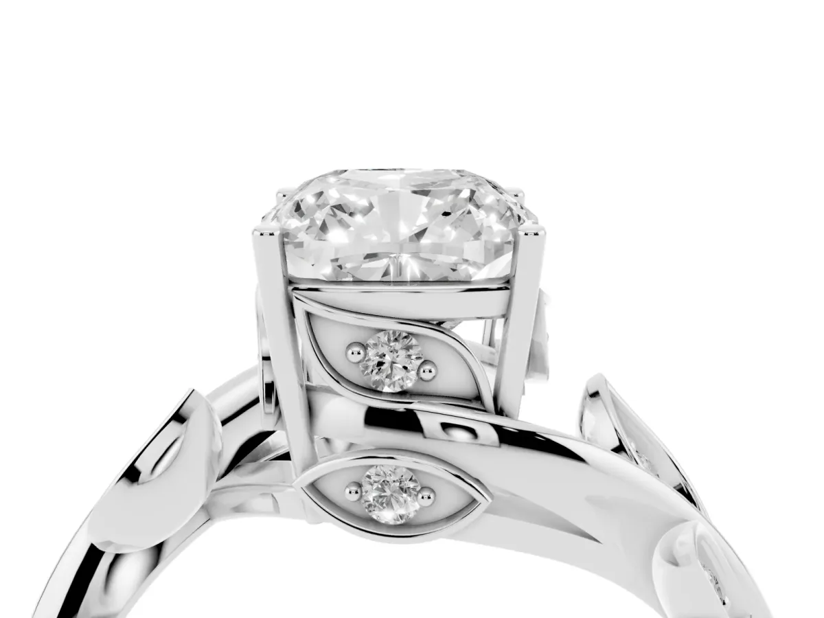 Cushion Cut Solitaire Twist Engagement Ring with Leaf Accents and Prong Setting Silver
