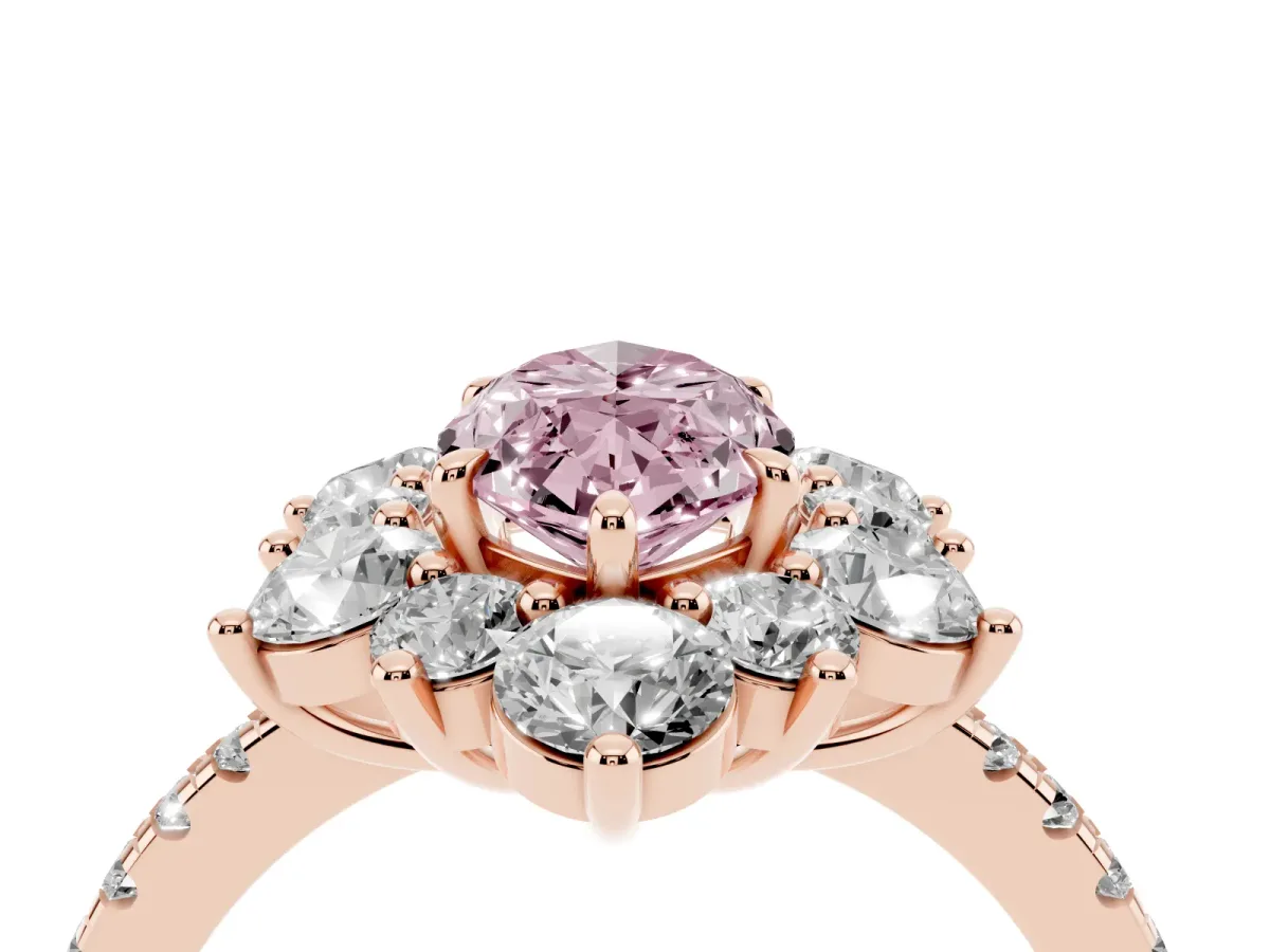 Fancy Pink Marquise Cut Diamond Floral Halo Ring with Round Pavé Band and Prong Setting Rose gold