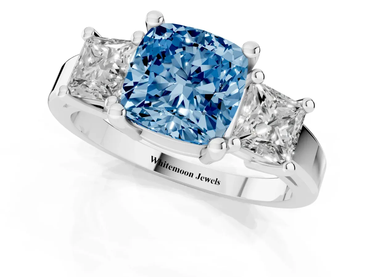 Fancy Blue Three-Stone Cushion Cut Cut Solitaire Ring with Prong Setting Platinum