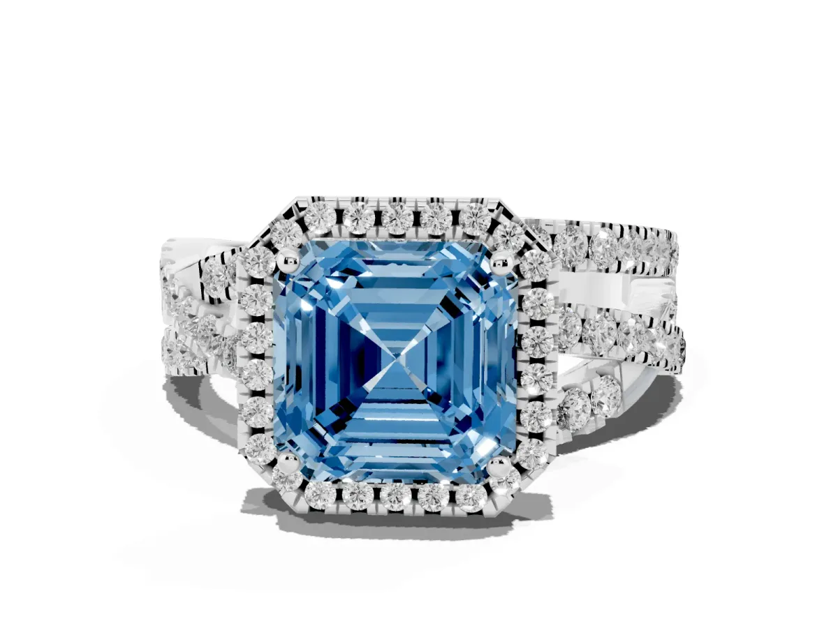 Fancy Blue Asscher Cut Diamond Halo Ring with Round Split Shank and Prong Setting Silver