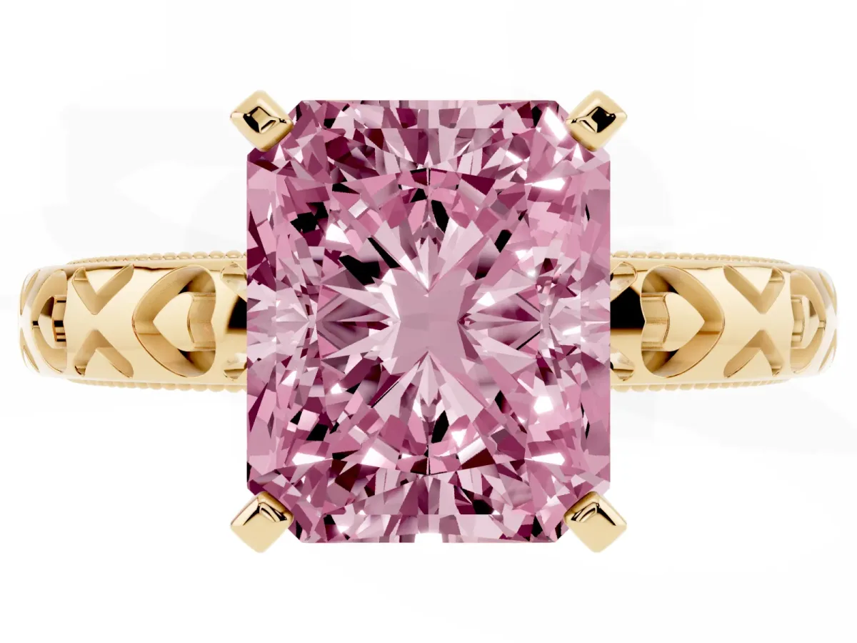 Fancy Pink Radiant Cut Solitaire Diamond Engagement Ring with XO Engraved Band and Four-Prong Setting Yellow gold