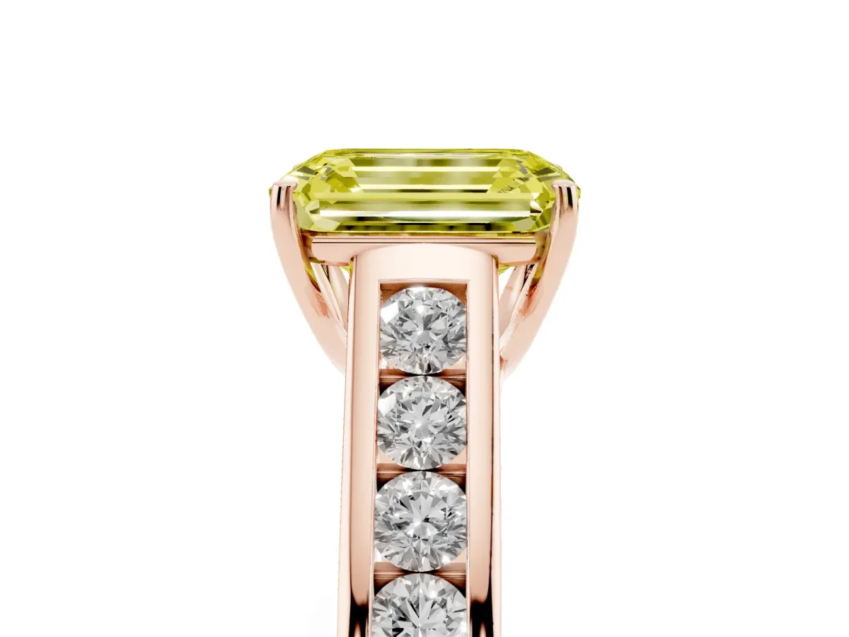 Fancy Yellow Emerald Cut Brilliant Channel-Set Solitaire Ring with Four-Prong Setting Rose gold