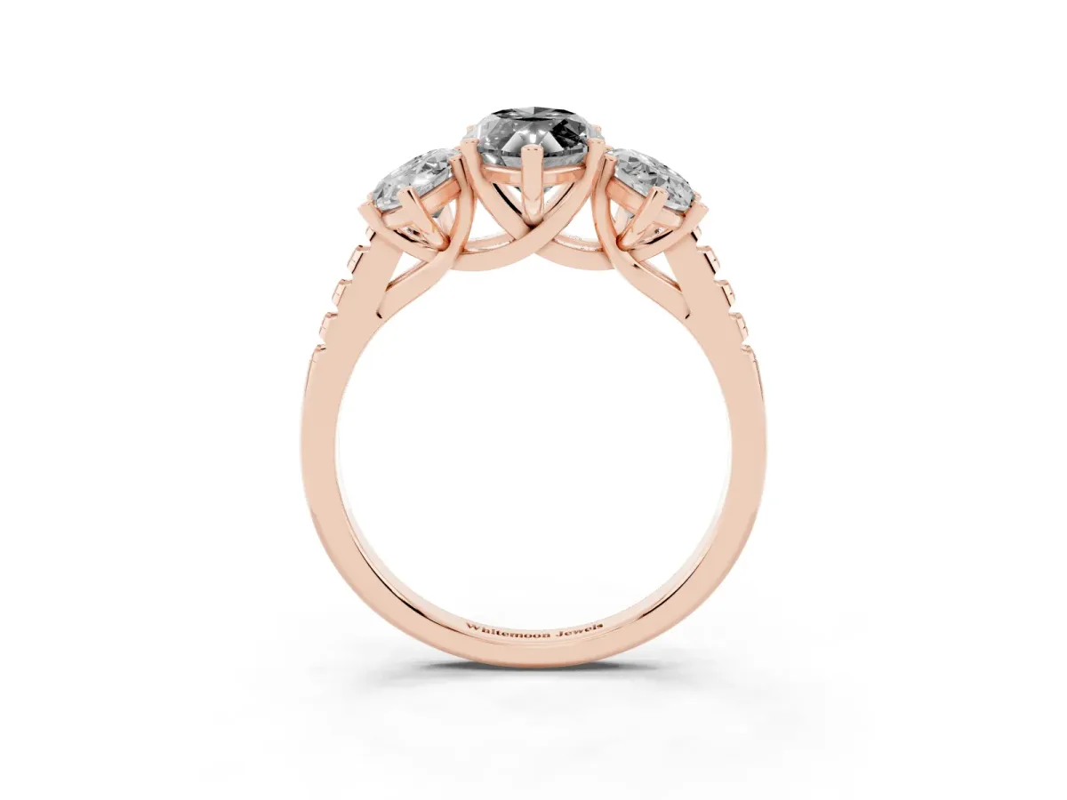 Fancy Black Three-Stone Marquise Cut Diamond Ring with Round Pavé Band and Prong Setting Rose gold