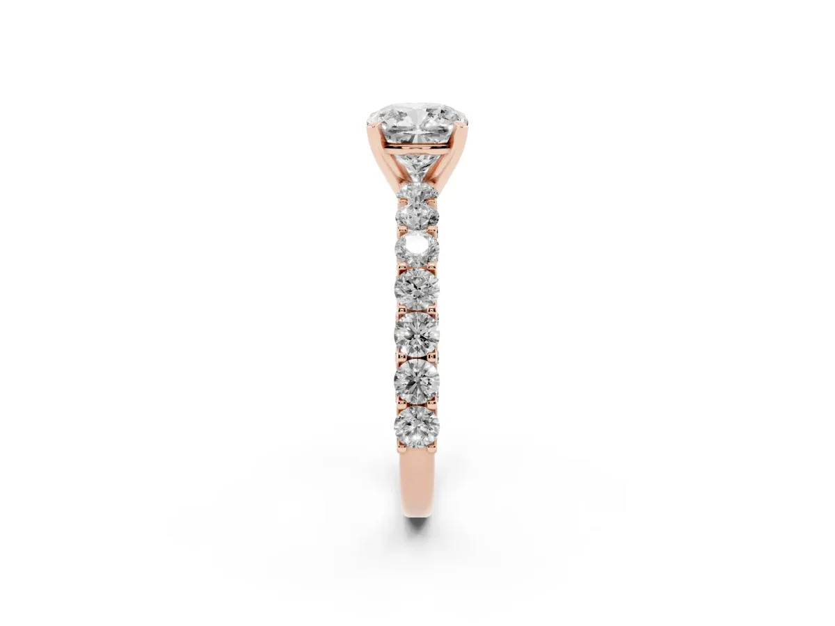 Cushion Cut Diamond Solitaire Ring with Shared Prong Pavé Band and Four-Prong Setting Rose gold