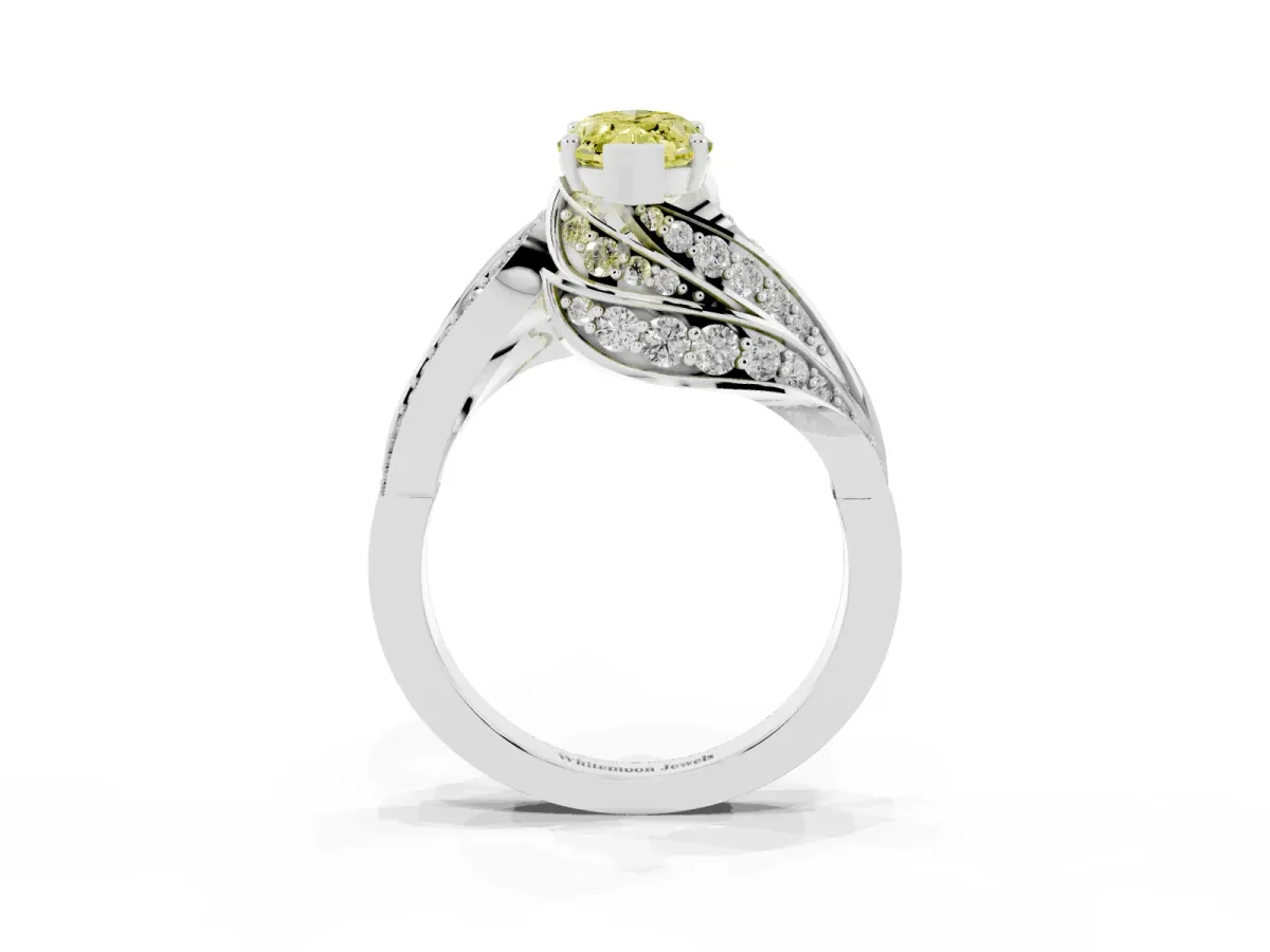 Fancy Yellow Marquise Cut Diamond Solitaire Ring with Prong Setting and Twisted Pavé Band Platinum