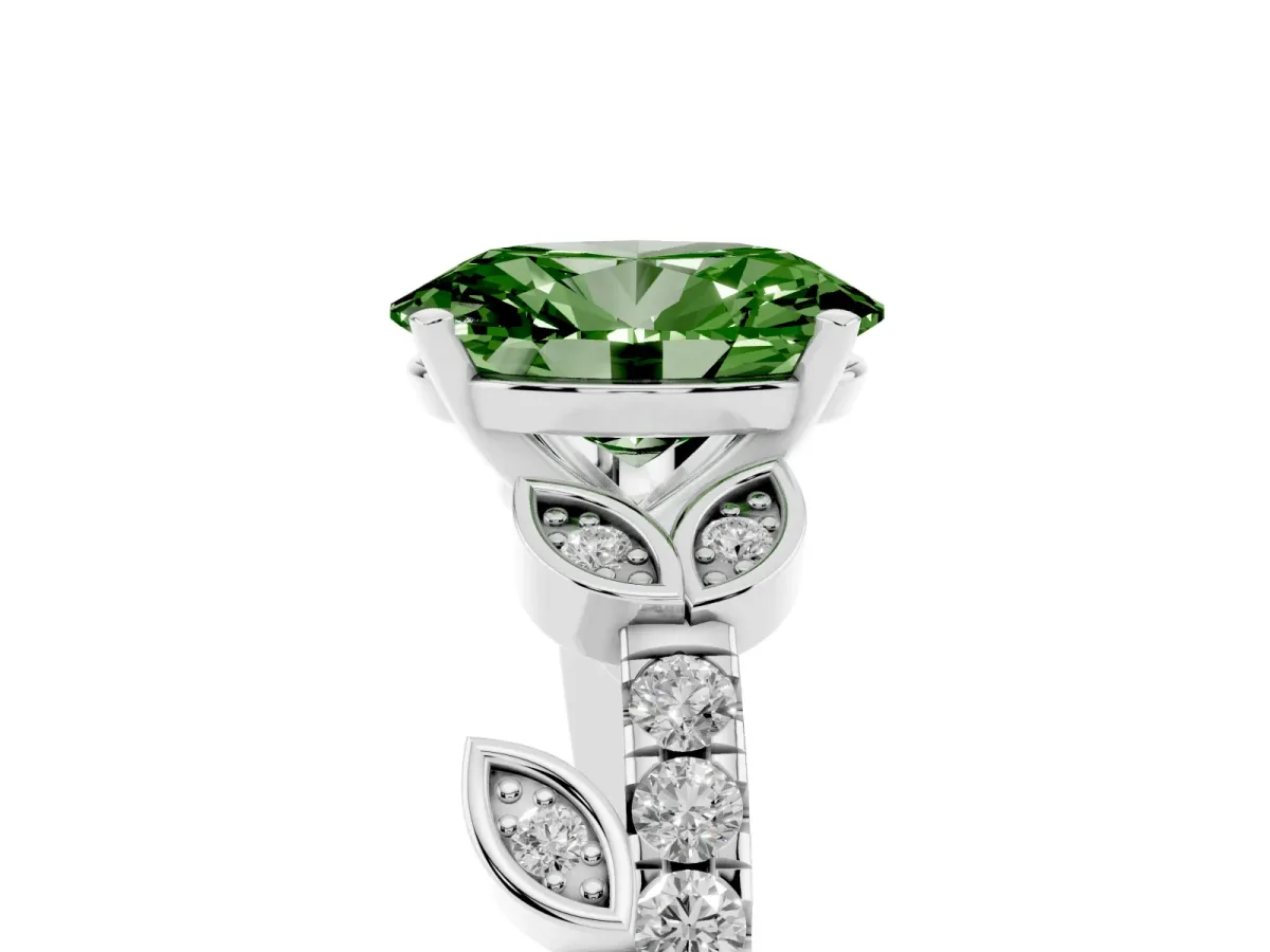 Fancy Green Oval Cut Solitaire Leaf-Inspired Diamond Ring with Pavé Band and Four-Prong Setting Silver