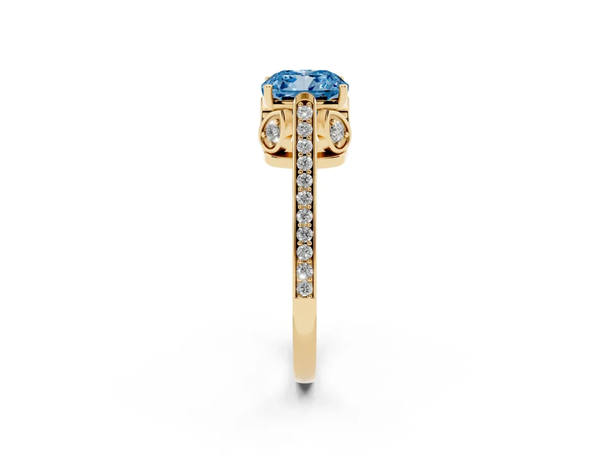 Fancy Blue Cushion Cut Cut Cathedral Pave Diamond Engagement Ring with Six-Prong Setting Yellow gold
