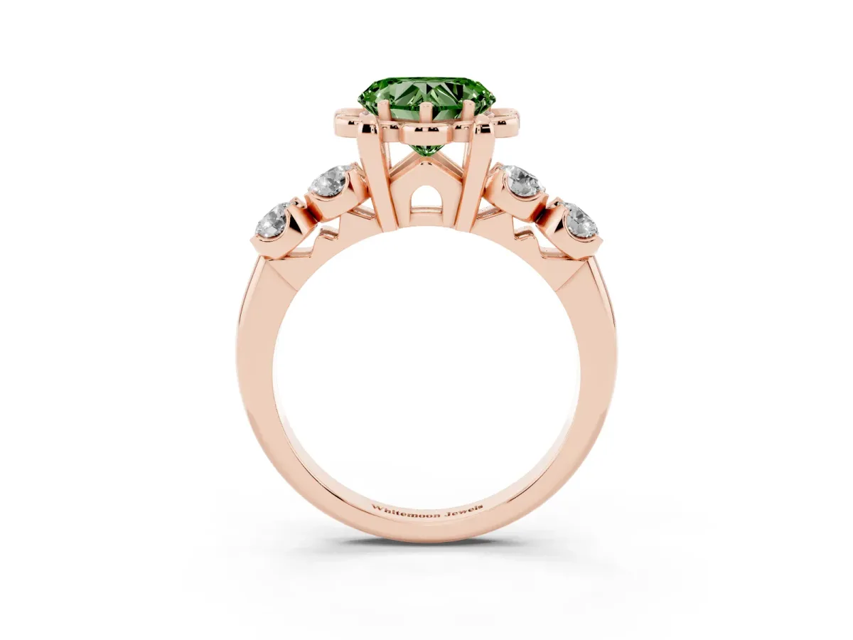 Fancy Green Heart Cut Cut Diamond Floral Halo Engagement Ring with Shared Prong Setting Rose gold
