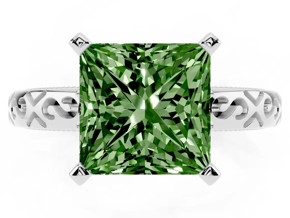 Fancy Green Princess Cut Solitaire Engagement Ring with Scrollwork Band and Four-Prong Setting Silver