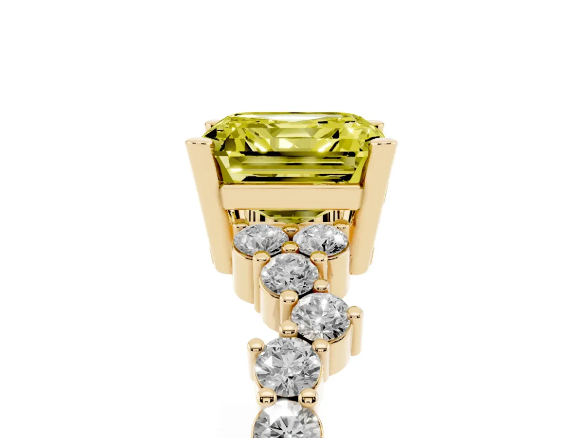 Fancy Yellow Asscher Cut Diamond Scattered Round Accent Ring with Prong Setting Yellow gold