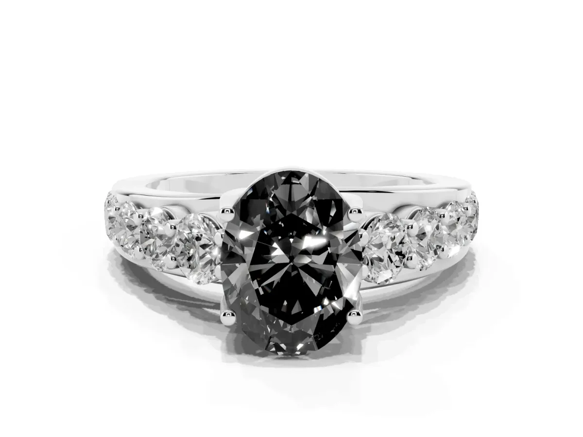 Fancy Black Oval Cut Diamond Engagement Ring with Pavé Band and Four-Prong Setting Silver