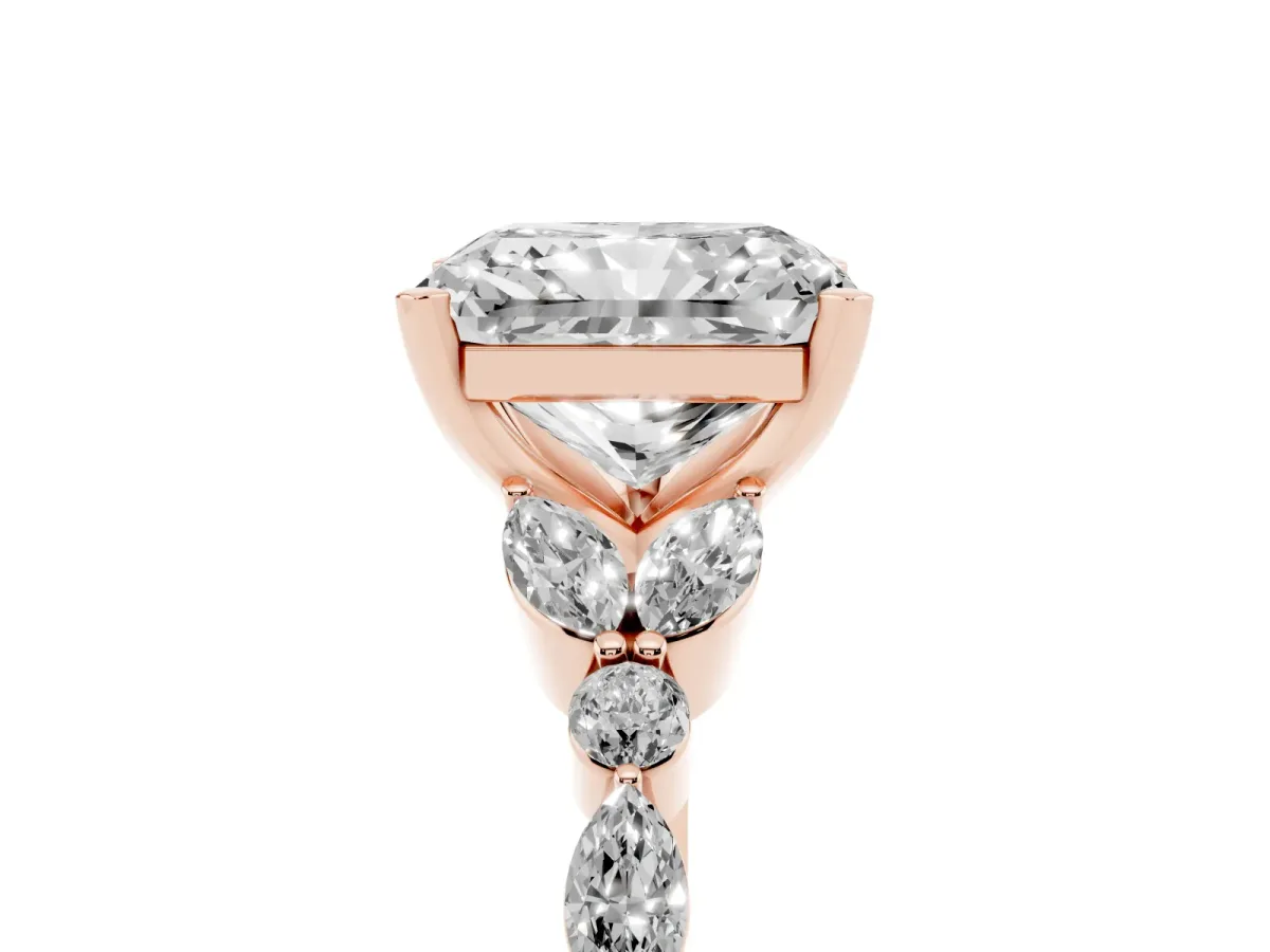 Radiant Cut Diamond Solitaire Ring with Side Stones and Four-Prong Setting Rose gold