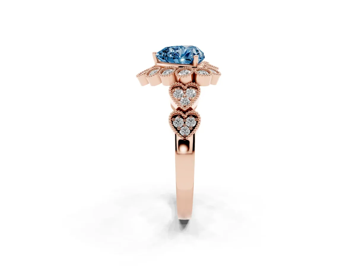 Fancy Blue Heart Cut Brilliant Milgrain Pave Heart Band Solitaire Ring Rose gold