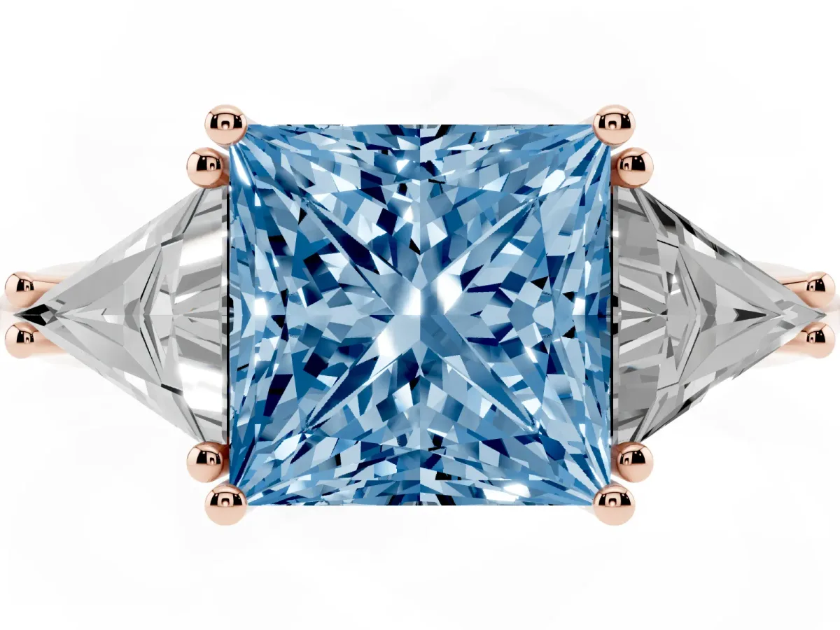 Fancy Blue Three-Stone Princess Cut Diamond Engagement Ring with Trillion Side Stones and Prong Setting Rose gold