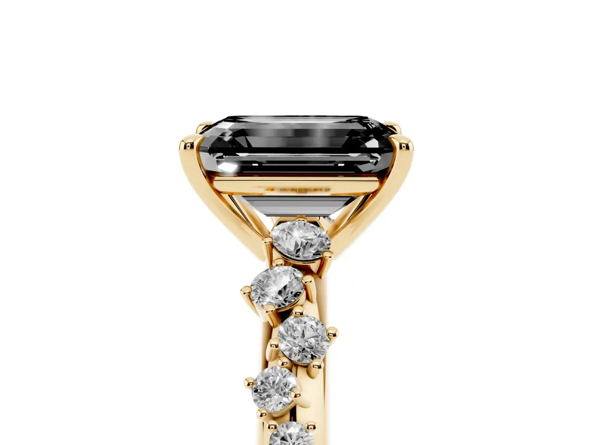 Fancy Black Emerald Cut Diamond Cluster Side Stone Solitaire Ring with Prong Setting Yellow gold