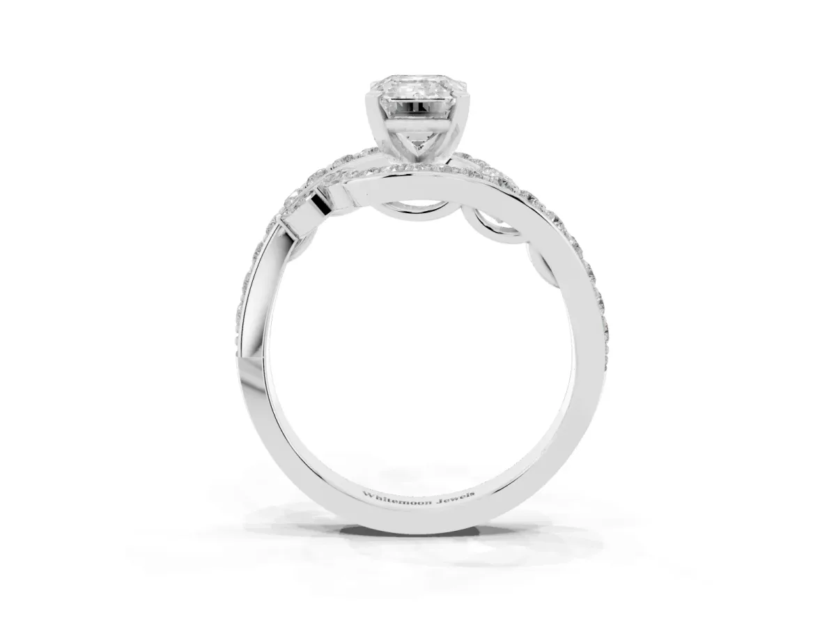 Emerald Cut Solitaire with Pavé Twist Band and Four-Prong Setting Silver