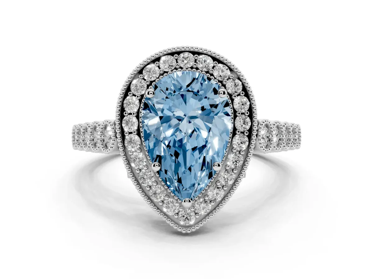 Fancy Blue Pear Cut Halo Twist Band Solitaire Ring with Six-Prong Setting Silver