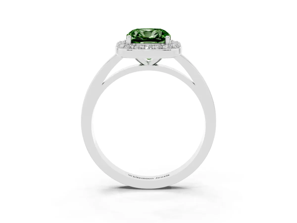 Fancy Green Cushion Cut Halo Diamond Ring with Solitaire Band and Prong Setting Platinum