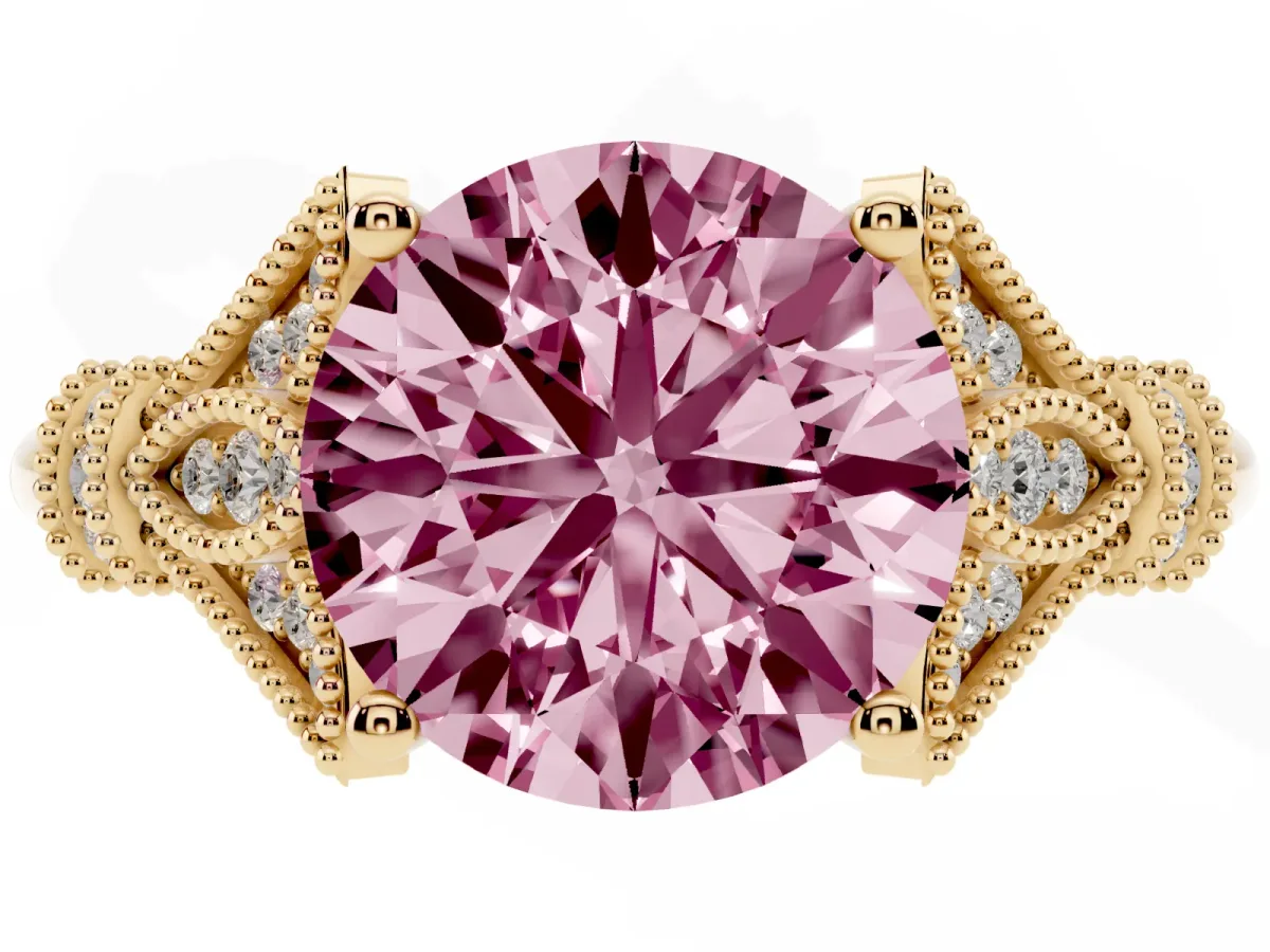 Fancy Pink Round Cut Diamond Solitaire Ring with Floral Filigree and Pave Accents Yellow gold