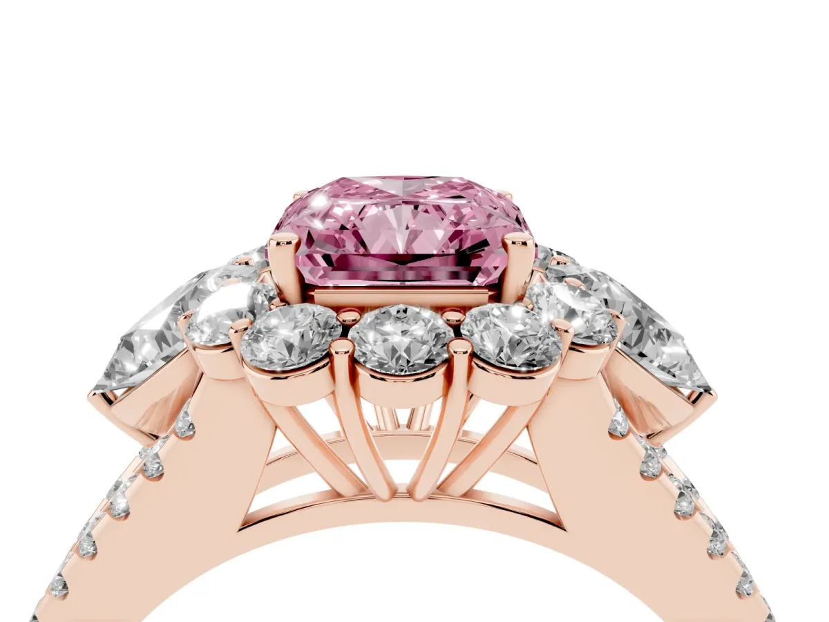 Fancy Pink Radiant Cut Halo Split Shank Diamond Engagement Ring with Prong Setting Rose gold