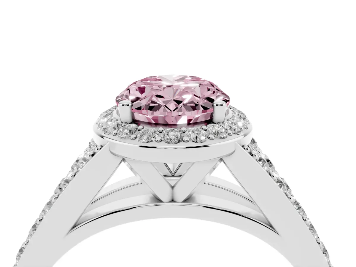Fancy Pink Oval Cut Diamond Split Shank Halo Ring with Four-Prong Setting Platinum