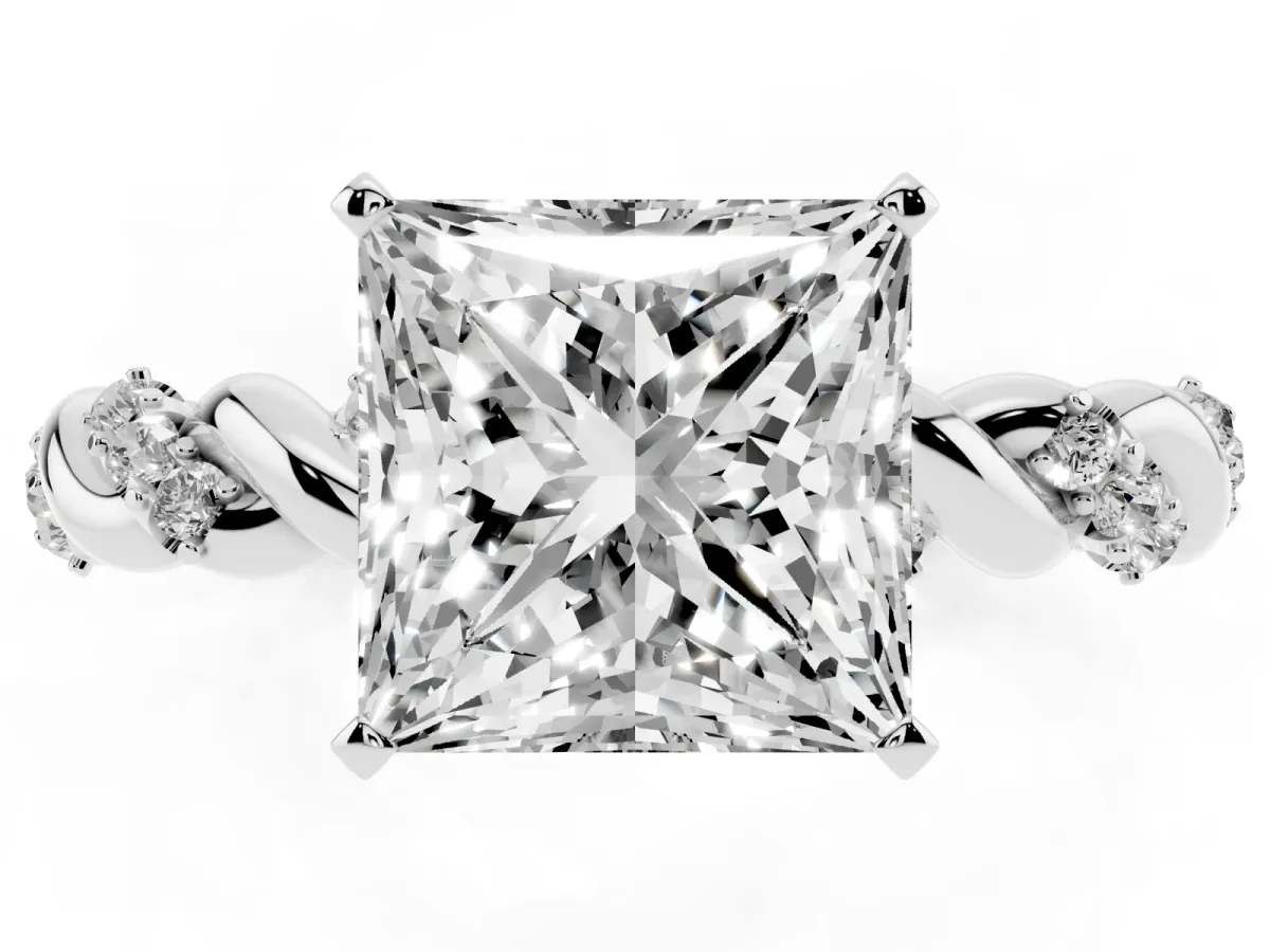 Princess Cut Diamond Solitaire Ring with Twisted Band and Pavé Accents White gold