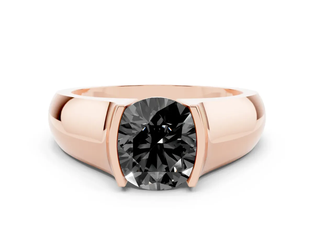 Fancy Black Round Cut Solitaire Bezel Set Diamond Ring with Wide Band Rose gold