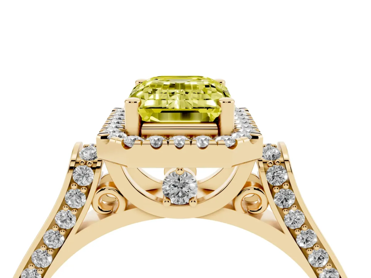 Fancy Yellow Emerald Cut Halo Round Diamond Twist Band with Four-Prong Setting Yellow gold