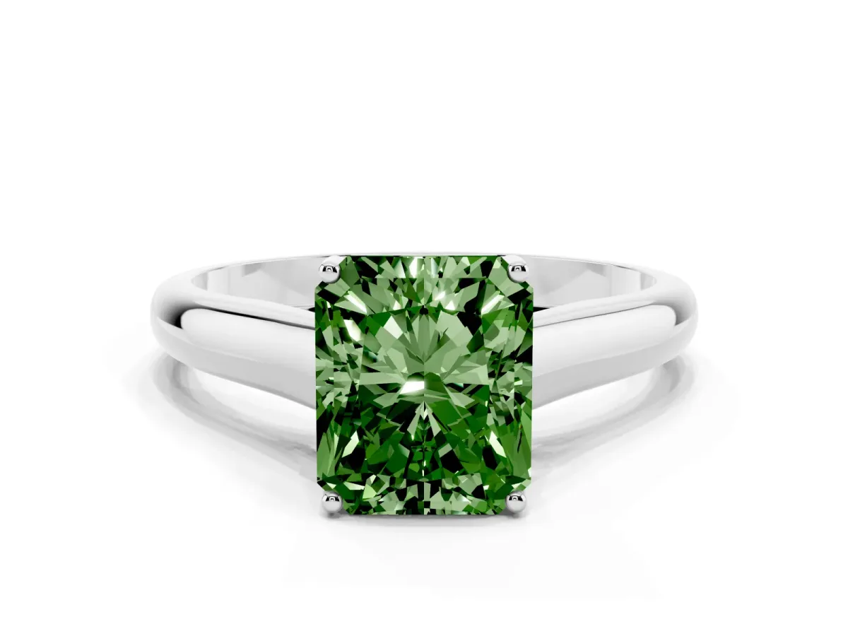 Fancy Green Radiant Cut Solitaire Engagement Ring with Tapered Band and Four-Prong Setting Platinum