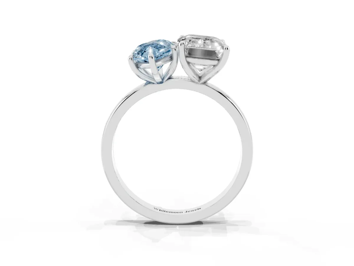 Fancy Blue Marquise Cut and Emerald Cut Toi Moi Ring with Prong Setting Silver