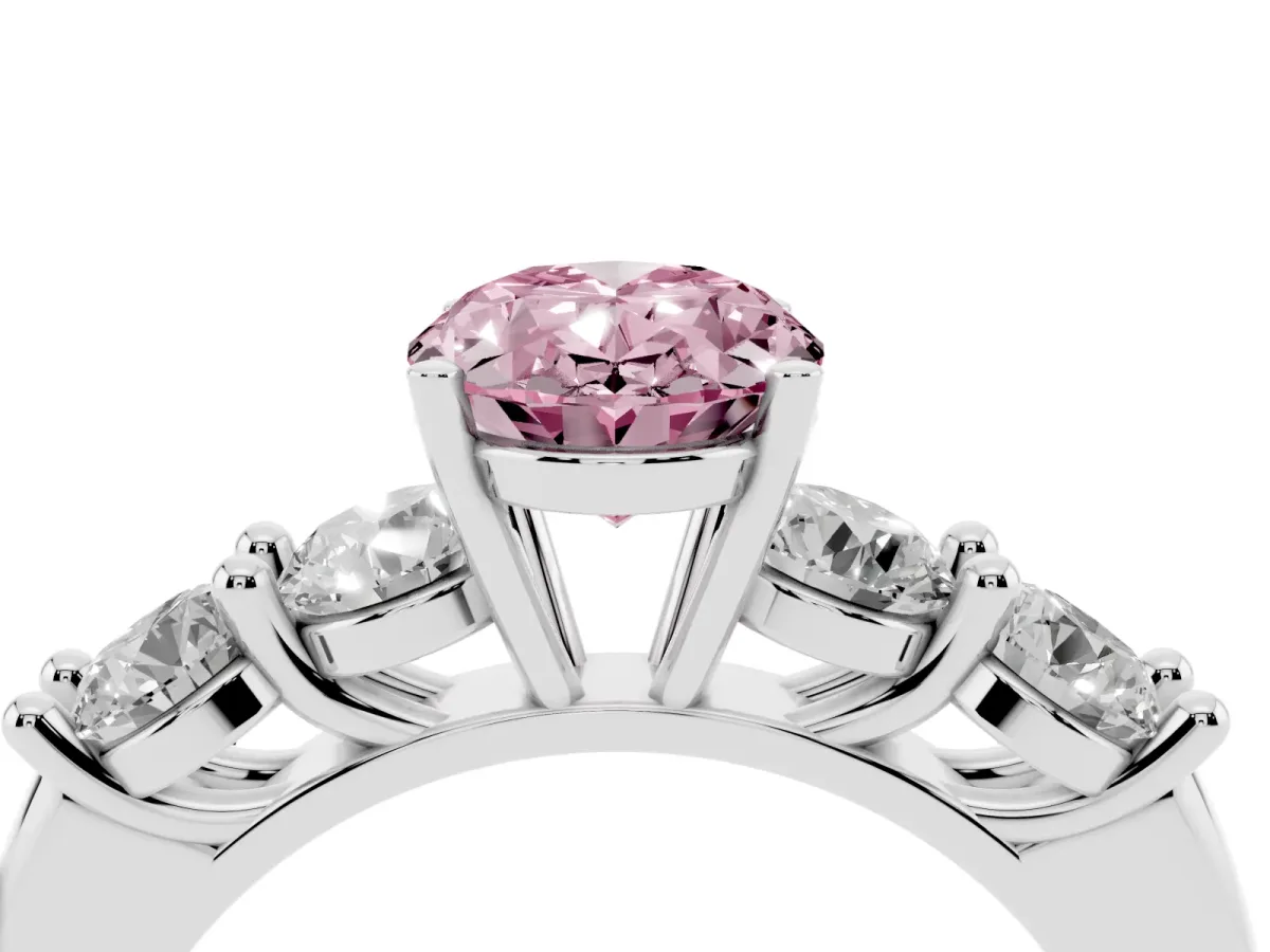 Fancy Pink Oval Cut Cut Five-Stone Prong Set Diamond Ring with Classic Band Silver