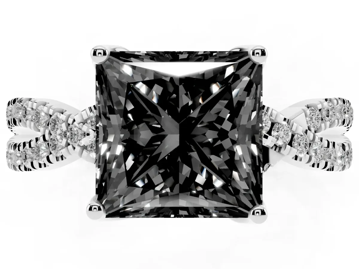 Fancy Black Princess Cut Solitaire Twist Pave Diamond Engagement Ring with Prong Setting Silver