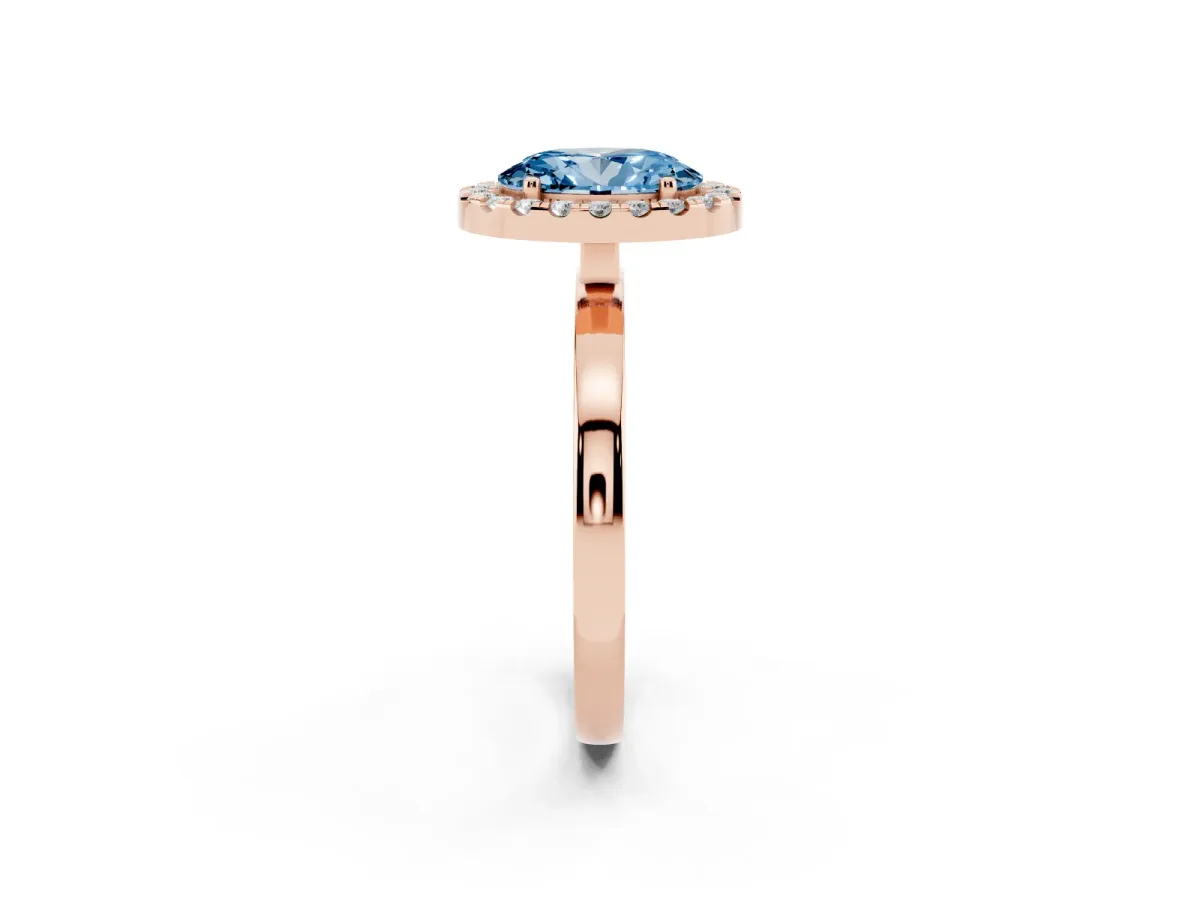 Fancy Blue Oval Cut Halo Diamond Solitaire with Pavé Band and Four-Prong Setting Rose gold