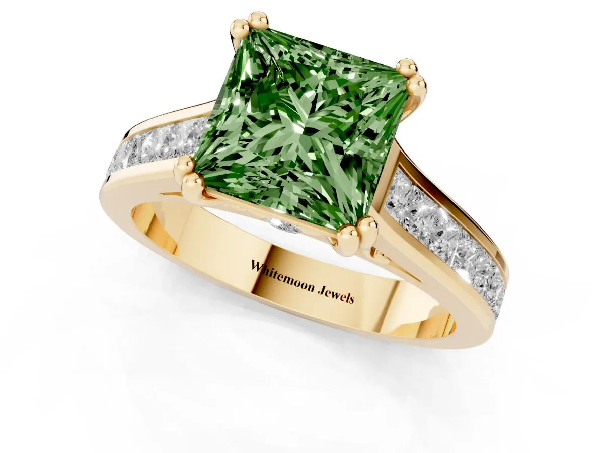 Fancy Green Princess Cut Cut Channel Set Solitaire Engagement Ring with Prong Setting Yellow gold