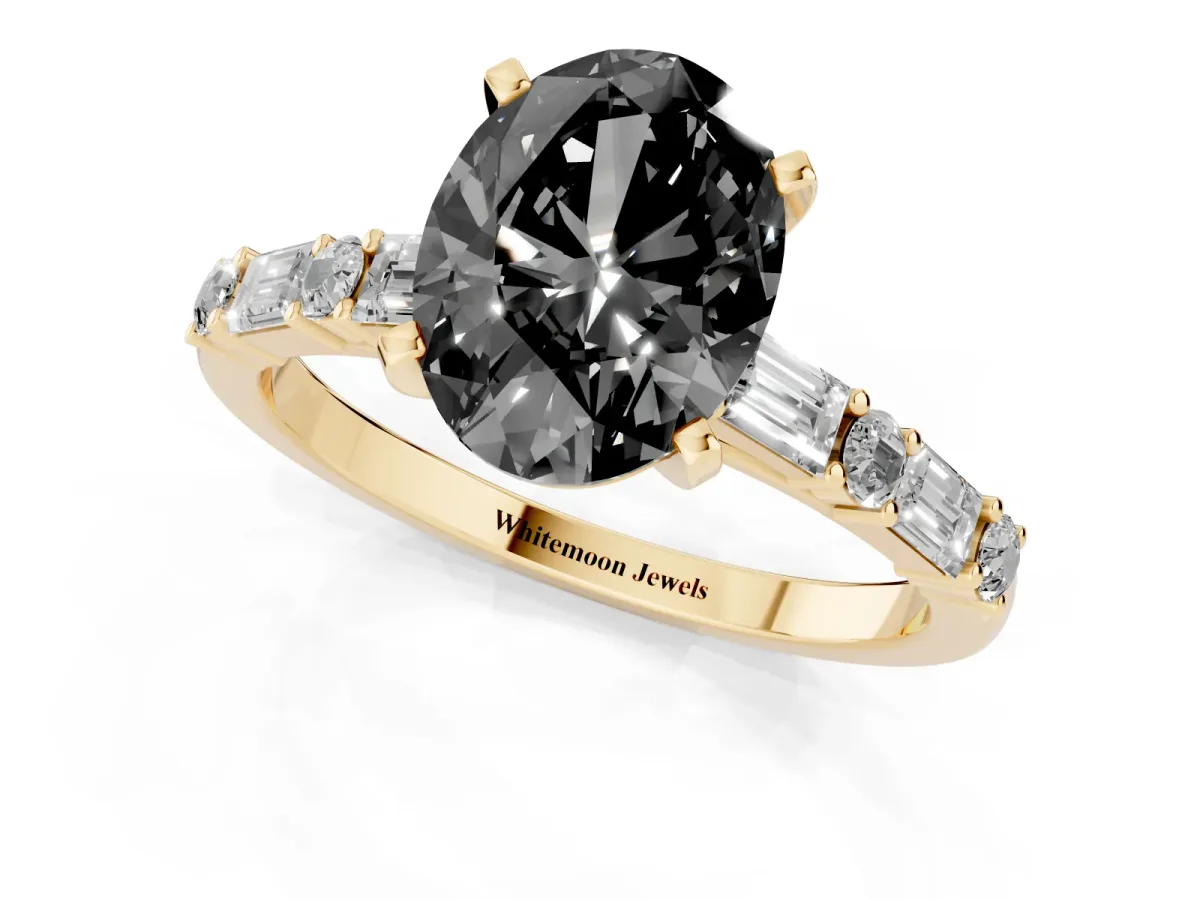 Fancy Black Oval Cut Diamond Solitaire with Side Baguettes and Channel Set Band Yellow gold
