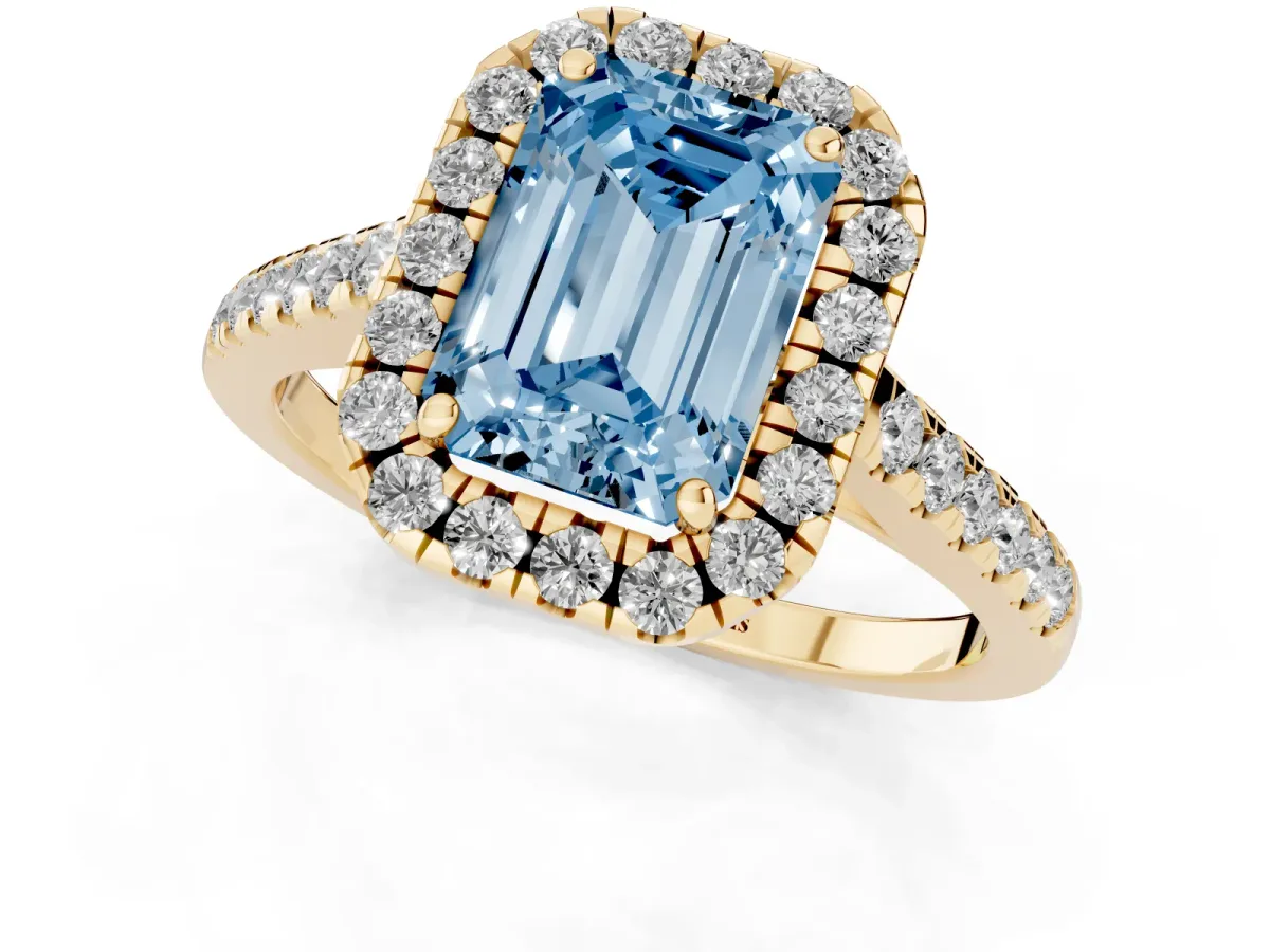 Fancy Blue Emerald Cut Halo Pave Diamond Engagement Ring with Four-Prong Setting Yellow gold