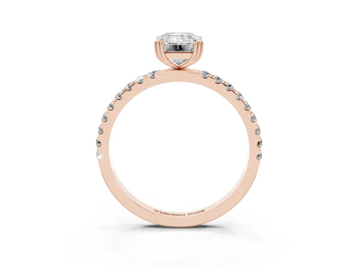 Emerald Cut Brilliant Solitaire with Pavé Band and Claw Prong Setting Rose gold