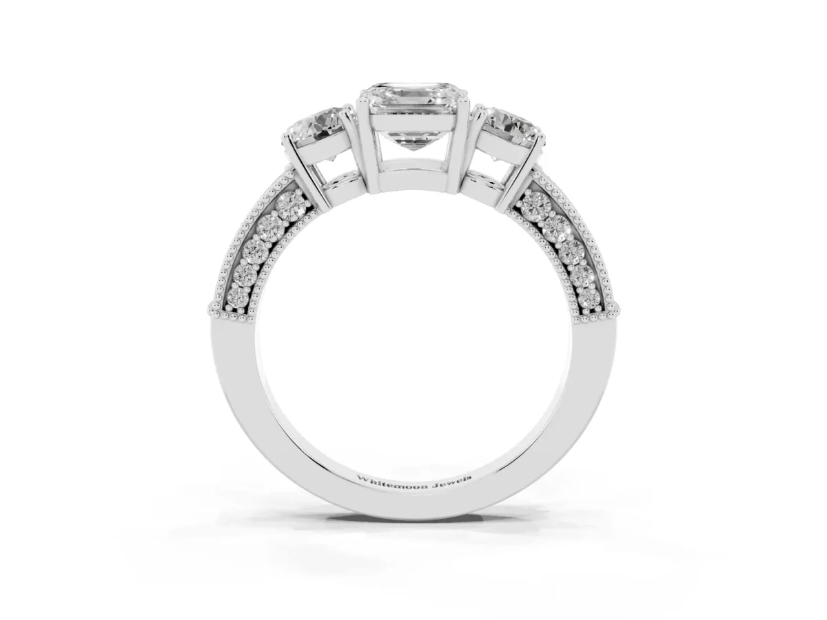 Asscher Cut Three-Stone Diamond Ring with Pavé Band and Four-Prong Setting Platinum