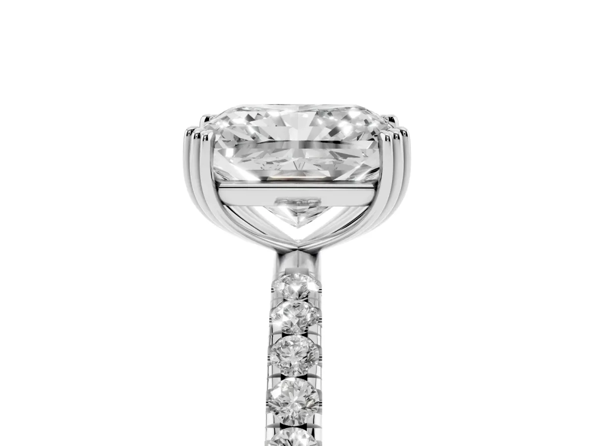 Radiant Cut Brilliant Solitaire with Pavé Band and Claw Prong Setting Silver