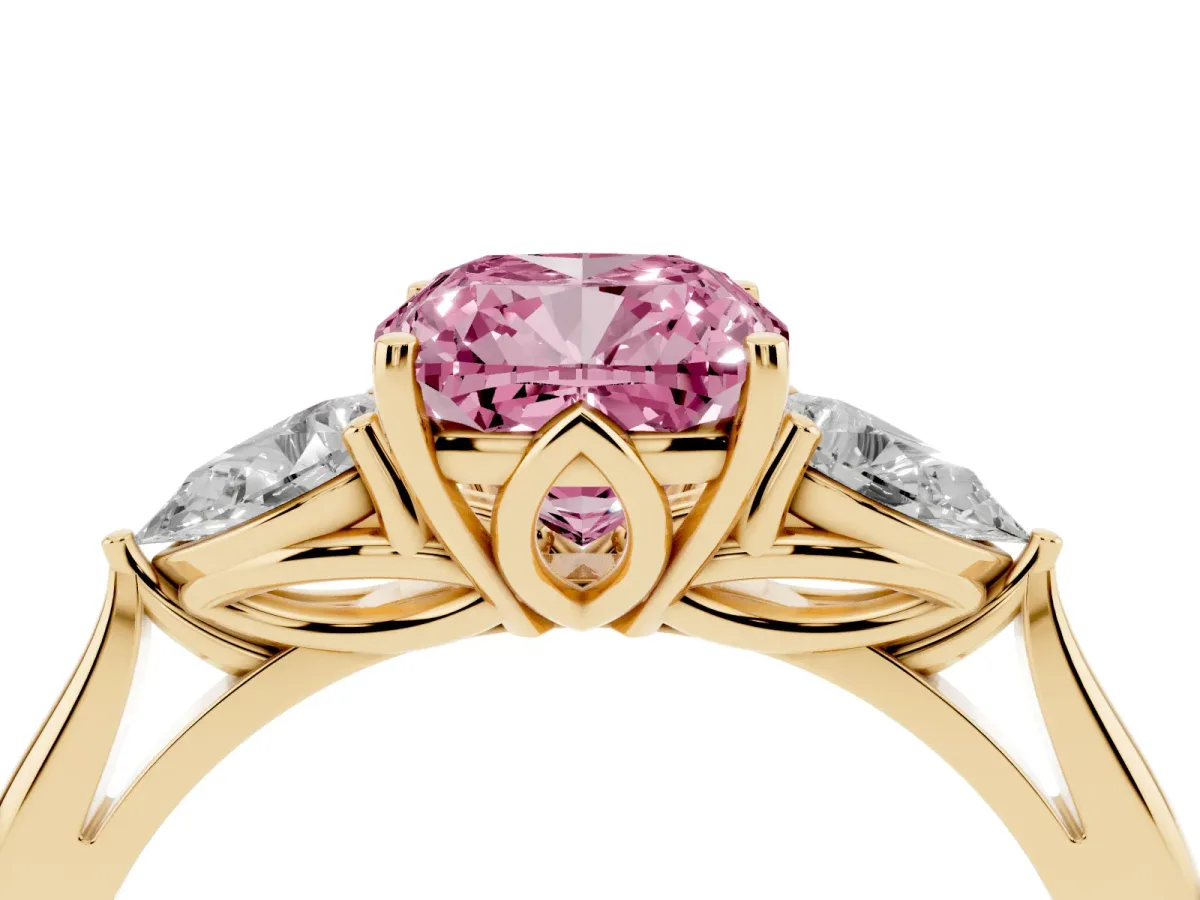 Fancy Pink Three-Stone Cushion Cut Brilliant Diamond Solitaire Ring with Tapered Band and Four-Prong Setting Yellow gold